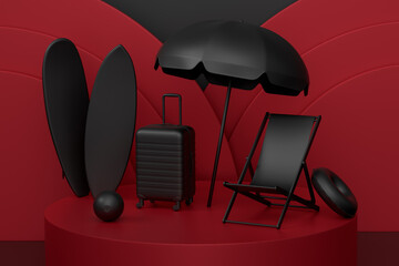 Beach surf, chair, umbrellas and lugagge on podium on monochrome background.