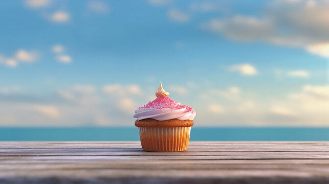 Birthday cupcake on a wood beach table. Beach birthday celebration cupcake
