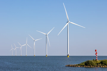Offshore wind farm, IJsselmeer, the Netherlands, with marine signal
