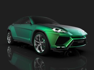 Fototapeta na wymiar The newest sports all-wheel drive green premium crossover in a black studio with a reflective floor. 3d rendering