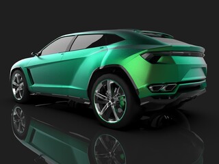 The newest sports all-wheel drive green premium crossover in a black studio with a reflective floor. 3d rendering
