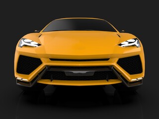 Obraz na płótnie Canvas The newest sports all-wheel drive yellow premium crossover in a black studio with a reflective floor. 3d rendering