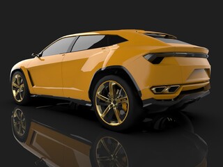 The newest sports all-wheel drive yellow premium crossover in a black studio with a reflective...