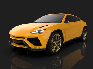 Fototapeta na wymiar The newest sports all-wheel drive yellow premium crossover in a black studio with a reflective floor. 3d rendering
