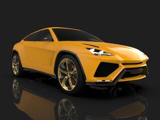 Obraz na płótnie Canvas The newest sports all-wheel drive yellow premium crossover in a black studio with a reflective floor. 3d rendering