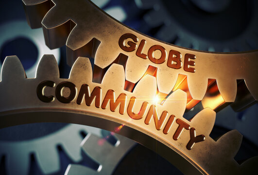 Globe Community on the Mechanism of Golden Metallic Cog Gears with Lens Flare. Golden Cogwheels with Globe Community Concept. 3D Rendering.