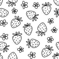 Hand drawn doodle linear monochrome vector messy strawberry flowers and fruits spring summer seasonal seamless repeat pattern isolated on white background  - 615927375