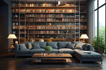 modern living room with library
