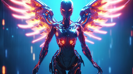 illustration mechanical neon cyborg angel