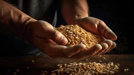Hand of a man pouring wheat. Generative AI