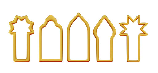 3d Set arabic golden frame isolated Islam architecture shape for muslim holidays Traditional islamic abstract arch for template Minimal 3D rendering illustration