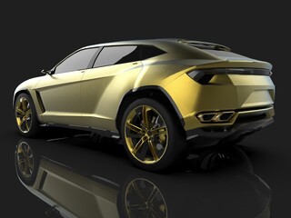 Obraz na płótnie Canvas The newest sports all-wheel drive gold premium crossover in a black studio with a reflective floor. 3d rendering
