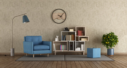 Blue armchair in modern lounge with little bookcase - 3d rendering