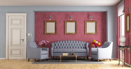 Classic living room with sofa,armchairs and closed door - 3d rendering