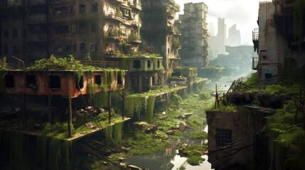 Fototapeta na wymiar Envision a gritty post - apocalyptic cityscape in ruins, with dilapidated buildings, overgrown vegetation, and a sense of desolation
