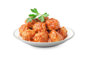 Plate of tasty meat balls with sauce isolated on white background