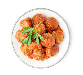 Plate of tasty meat balls with sauce isolated on white background