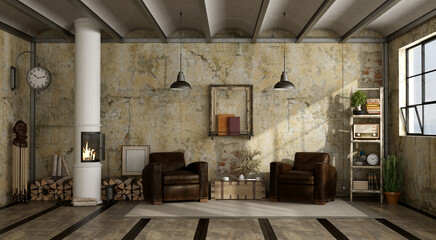 Fototapeta na wymiar Wood stove in grunge a living room with two leather armchair - 3d rendering