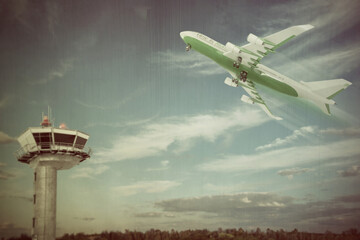 3d illustration of an airplane taking off in old picture