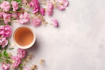 Floral banner and cup of tasty tea. AI generative