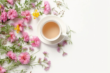 Fototapeta na wymiar Floral banner and cup of tasty tea. AI generative