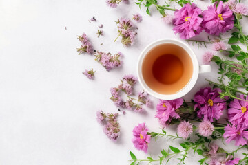 Floral banner and cup of tasty tea. AI generative