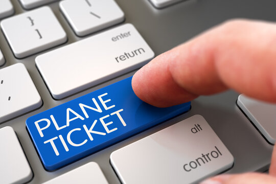 Business Concept - Male Finger Pointing Blue Plane Ticket Key on White Keyboard. 3D Illustration.