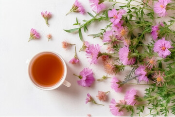 Obraz na płótnie Canvas Floral banner and cup of tasty tea. AI generative