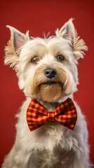 Portrait of a dog with a red bow on a black background. Generative AI