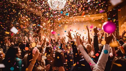 Crowd of people with their hands raised up at a confetti party, celebration. Generative AI