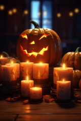 Halloween pumpkin and candles. Halloween atmosphere. AI generative.