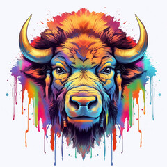 Illustration, AI generation. colorful rainbow realistic bison head, t-shirt design.