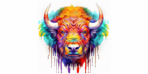 Illustration, AI generation. colorful rainbow realistic bison head, t-shirt design.