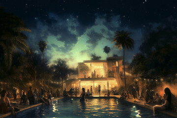 Evening party near the pool. AI generated