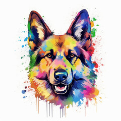 Illustration, AI generation.  colorful rainbow realistic dog head german shepherd on a white background.