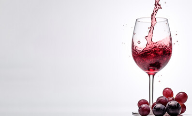  wineglass with some red wine and ripe grapes, on a white background, copy space,  Created using generative AI tools.
