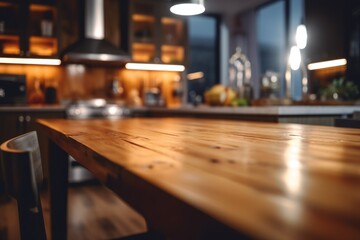 Empty wooden table in a modern kitchen kitchen, cafe or restaurant. Blurred background. Ai generated.