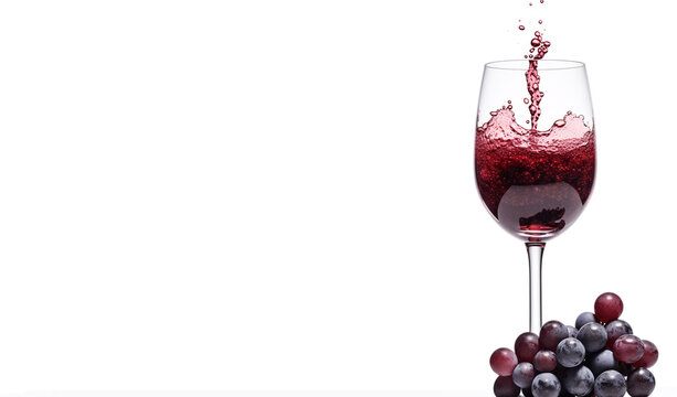  wineglass with some red wine and ripe grapes, on a white background, copy space,  Created using generative AI tools.