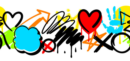 Pattern with graffiti symbols. Cartoon abstract grunge creative image.