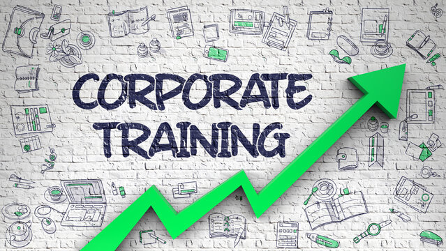 Corporate Training - Development Concept with Doodle Icons Around on White Wall Background. White Brickwall with Corporate Training Inscription and Green Arrow. Business Concept.