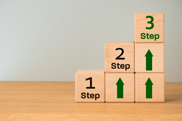 step one second and third, Concept, career and development path, Learning gaining experience, work, achieving success, Wooden blocks with lettering and arrows