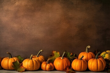 Naklejka na ściany i meble Pumpkins and leaves, autumn harvest. Background with copy space. AI generative.