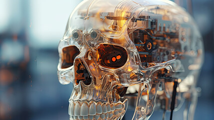a skull made out of electronic components, with an orange light coming from the eye on it's face