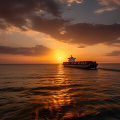 Obraz premium A large cargo ship in the sunset Generative Ai