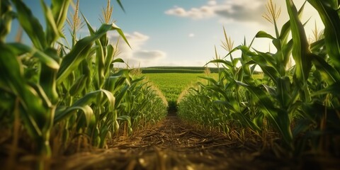Obraz na płótnie Canvas AI Generated. AI Generative. Green farm harvest corn field. Outdoor nature wild plant growing. Graphic Art