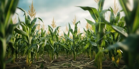 Fototapeta premium AI Generated. AI Generative. Green farm harvest corn field. Outdoor nature wild plant growing. Graphic Art