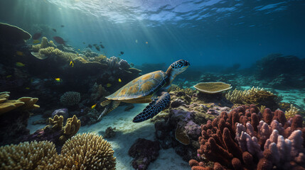 Obraz premium A turtle swimming over a coral reef in the ocean Generative Ai