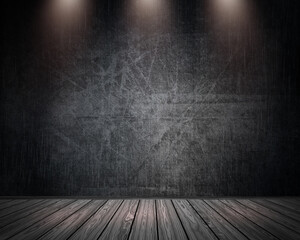 3D render of a grunge room interior with spotlights shining down