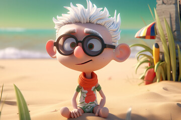Cartoon character wearing a glasss and enjoying a summer day on the beach