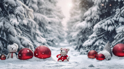 Beautiful Festive Christmas snowy background. Christmas tree decorated with red balls and knitted toys in forest in snowdrifts in snowfall outdoors, banner format, copy space, --aspect 16:9